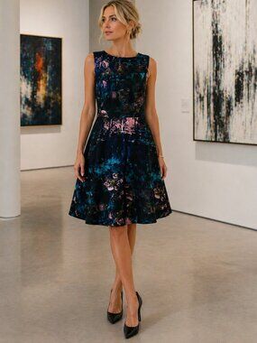 CHETTA B Painterly Abstract Navy-Multi Sleeveless Fit & Flare Dress Size 10